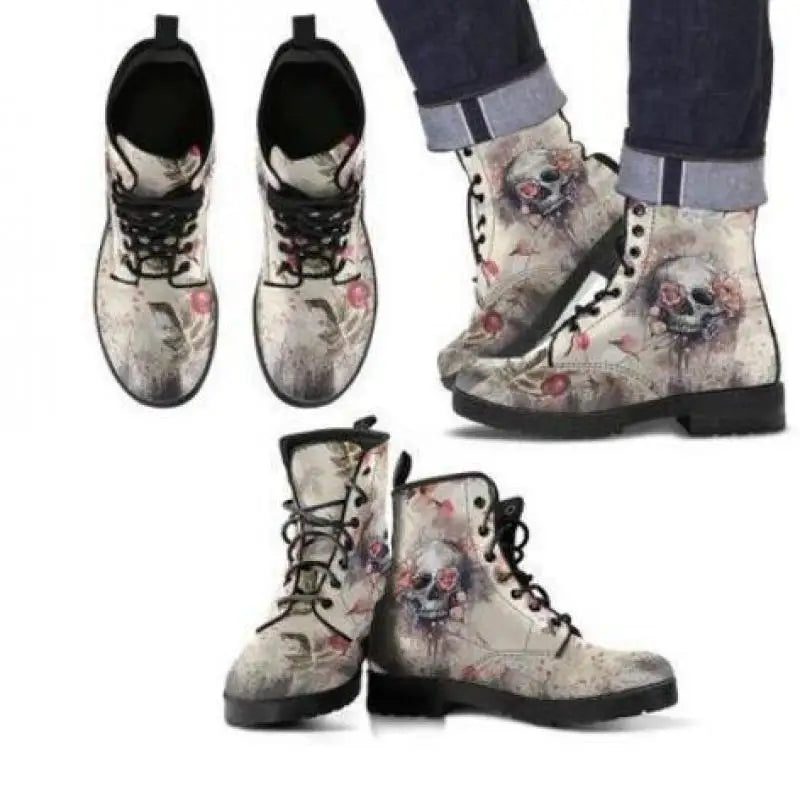 Women Ankle Boots Low Heels Shoes Woman Vintage Pu Leather Autumn Warm Winter high Snow Boots Motorcycle Skull Pansy Beyond Trends Hub