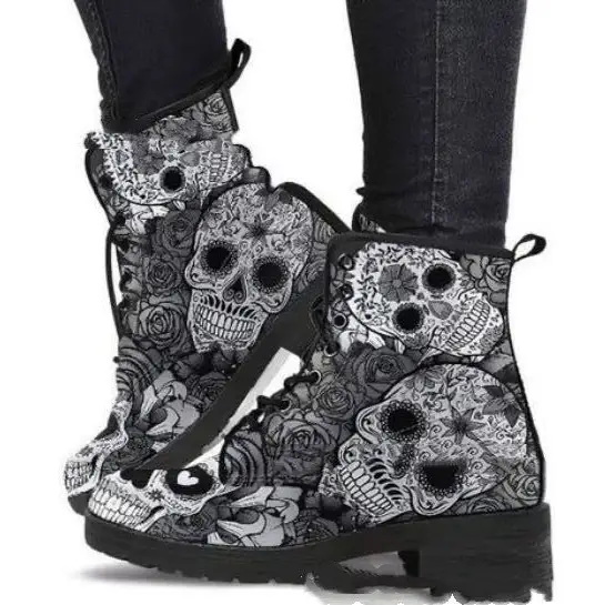 Women Ankle Boots Low Heels Shoes Woman Vintage Pu Leather Autumn Warm Winter high Snow Boots Motorcycle Skull Pansy Beyond Trends Hub