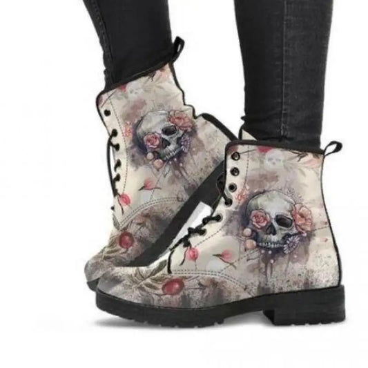 Women Ankle Boots Low Heels Shoes Woman Vintage Pu Leather Autumn Warm Winter high Snow Boots Motorcycle Skull Pansy Beyond Trends Hub