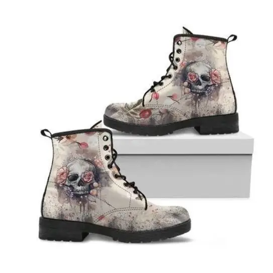 Women Ankle Boots Low Heels Shoes Woman Vintage Pu Leather Autumn Warm Winter high Snow Boots Motorcycle Skull Pansy Beyond Trends Hub