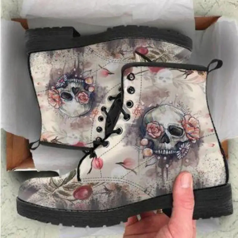 Women Ankle Boots Low Heels Shoes Woman Vintage Pu Leather Autumn Warm Winter high Snow Boots Motorcycle Skull Pansy Beyond Trends Hub