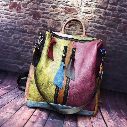 Women Backpack Cowhide Leather Backpacks Casual - Colorful