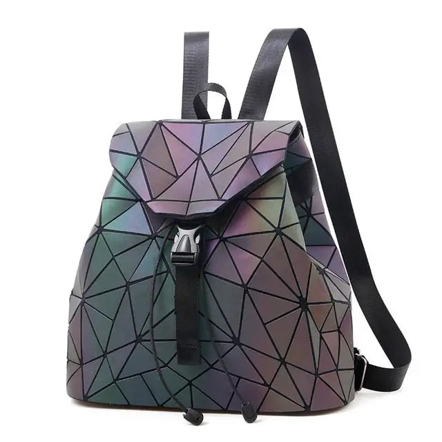 Women Backpack Luminous Geometric Plaid Sequin Female Backpacks For Teenage Girls Bagpack Drawstring Bag Holographic