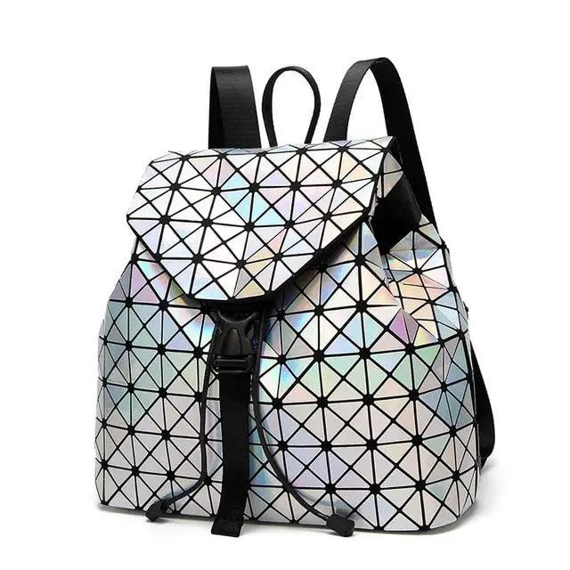 Women Backpack Luminous Geometric Plaid Sequin Female Backpacks For Teenage Girls Bagpack Drawstring Bag Holographic