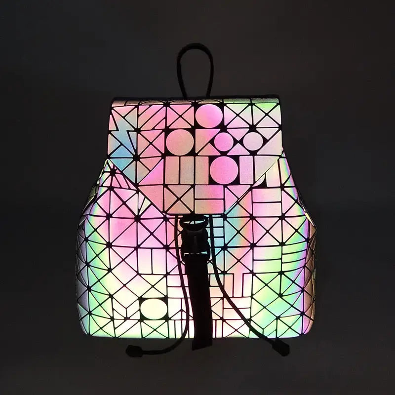 Women Backpack Luminous Geometric Plaid Sequin Female Backpacks For Teenage Girls Bagpack Drawstring Bag Holographic