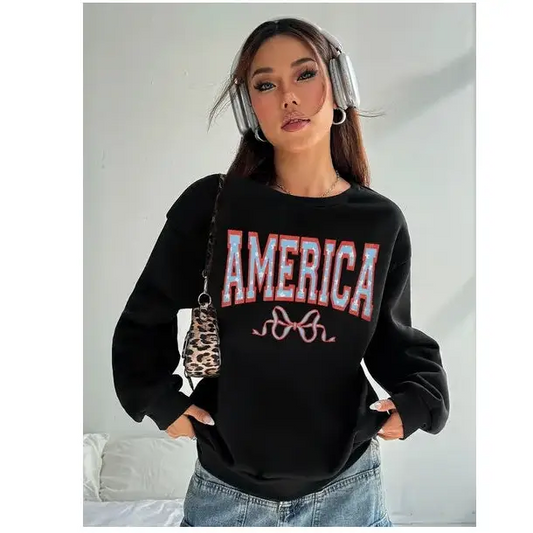 Women Basic Casual Pullover Spring Autumn Long Sleeve Blue Bow Printed Round Neck - Black / XS - 5