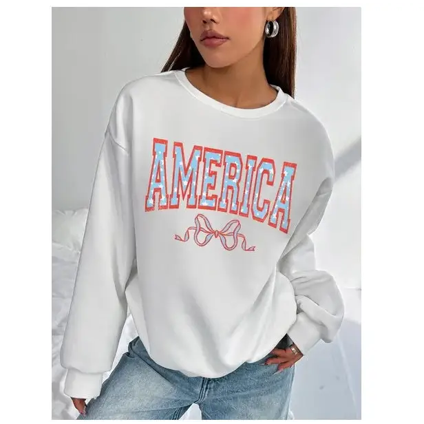 Women Basic Casual Pullover Spring Autumn Long Sleeve Blue Bow Printed Round Neck - White / XS - 5