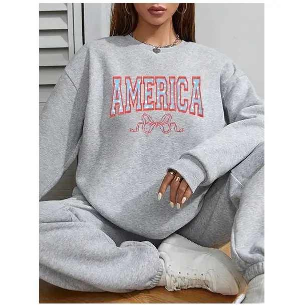 Women Basic Casual Pullover Spring Autumn Long Sleeve Blue Bow Printed Round Neck - Gray / XS - 5