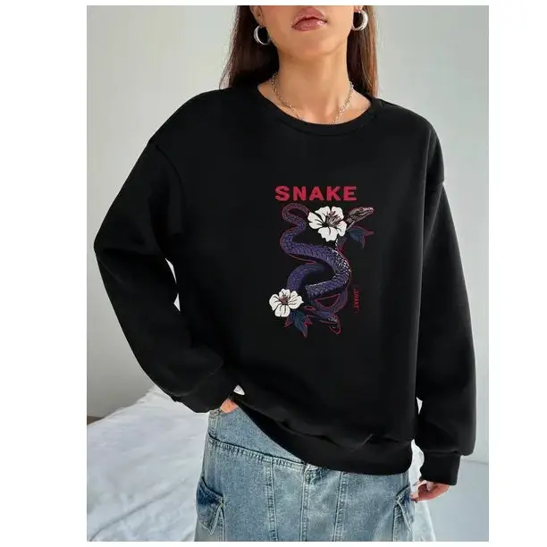 Women Basic Casual Pullover Spring Autumn Long Sleeve Purple Snake Printed Round Neck - Black / XS - 5