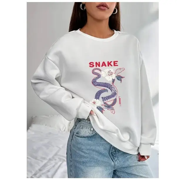 Women Basic Casual Pullover Spring Autumn Long Sleeve Purple Snake Printed Round Neck - White / XS - 5
