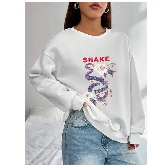 Women Basic Casual Pullover Spring Autumn Long Sleeve Purple Snake Printed Round Neck - White / XS - 5