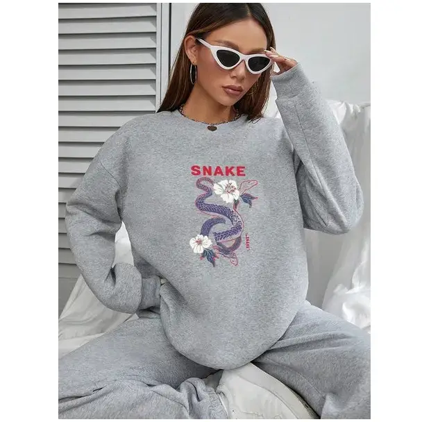 Women Basic Casual Pullover Spring Autumn Long Sleeve Purple Snake Printed Round Neck - Gray / XS - 5