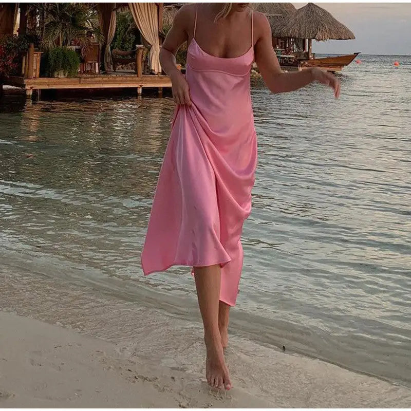 .Women Camis Satin Long Dresses Elegant Sleeveless Slip Holiday Party Dresses Sexy Casual Backless Summer Dresses