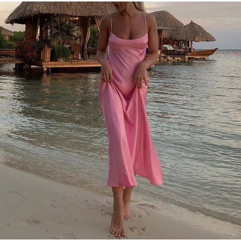 .Women Camis Satin Long Dresses Elegant Sleeveless Slip Holiday Party Dresses Sexy Casual Backless Summer Dresses
