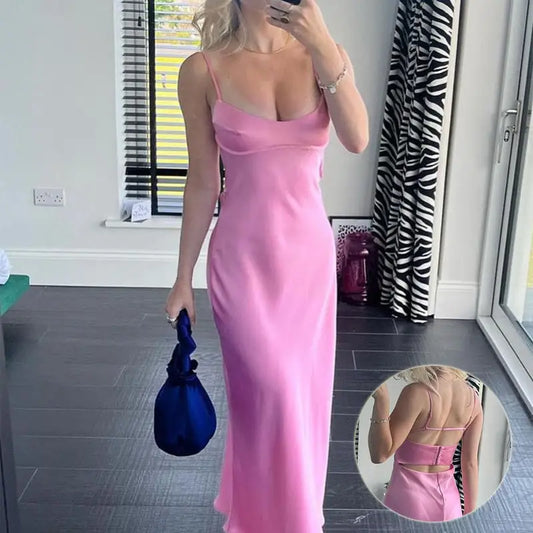 .Women Camis Satin Long Dresses Elegant Sleeveless Slip Holiday Party Dresses Sexy Casual Backless Summer Dresses