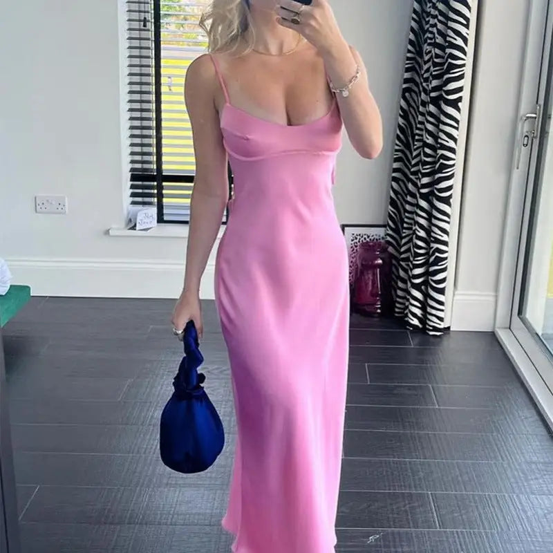 .Women Camis Satin Long Dresses Elegant Sleeveless Slip Holiday Party Dresses Sexy Casual Backless Summer Dresses