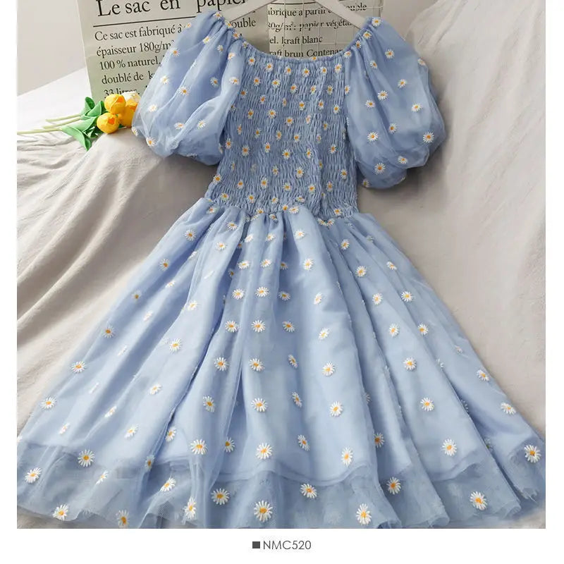 Women Dresses Summer V Neck Floral Print Boho Beach Dress - Blue / L