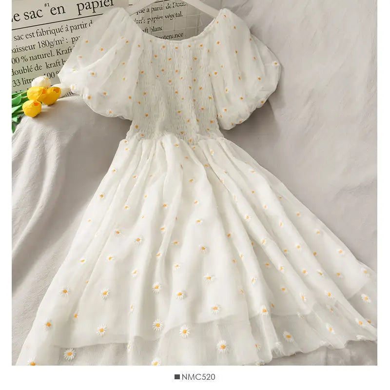 Women Dresses Summer V Neck Floral Print Boho Beach Dress - White / L