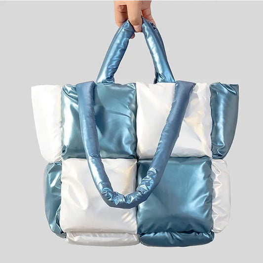 Women Handbags Winter Color Matching Down Cotton-padded Coat Tote Bag Soft Plaid Shoulder Bags - Beyond Trends Hub 