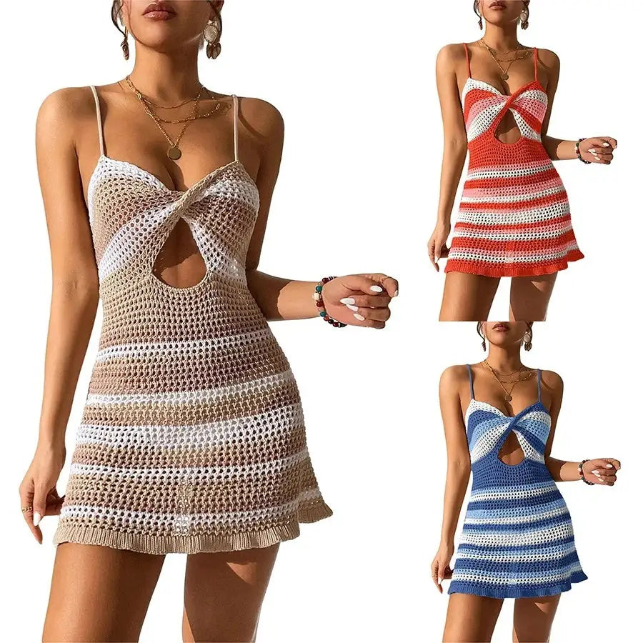 Women Knitted Spaghetti Strap Dress Summer Stripes Twisted Crochet Cutout Party Mini Dress For Beach Cocktail Nightclub - Beyond Trends Hub 