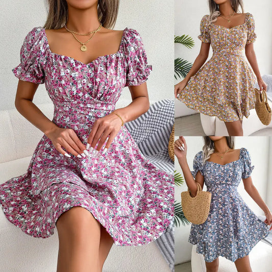 Women Mini Dress Temperament Big Swing Loose Hem Flower Print Shirring Dress Up Short Sleeves High Waist Summer Dress Clothes Beyond Trends Hub