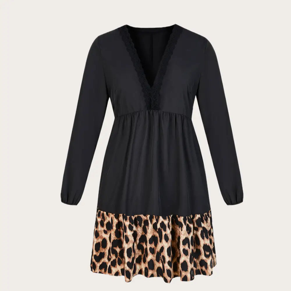 Women Plus Leopard Print Tunic Midi Shirt Dress - Black / L
