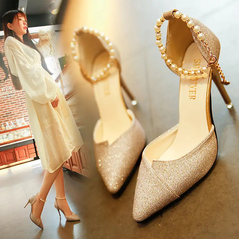 women pumps pearl bead High Heels shoes sequined bling shoes 10CM party Shoes Woman sandals golden silver point shoes Beyond Trends Hub