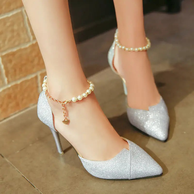 women pumps pearl bead High Heels shoes sequined bling shoes 10CM party Shoes Woman sandals golden silver point shoes Beyond Trends Hub