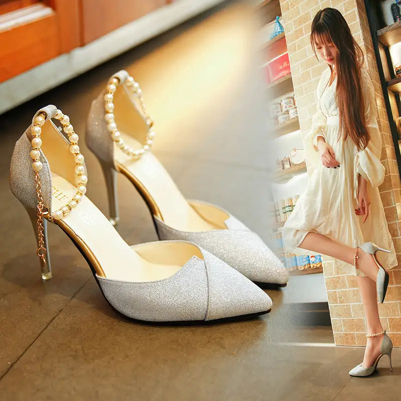 women pumps pearl bead High Heels shoes sequined bling shoes 10CM party Shoes Woman sandals golden silver point shoes Beyond Trends Hub