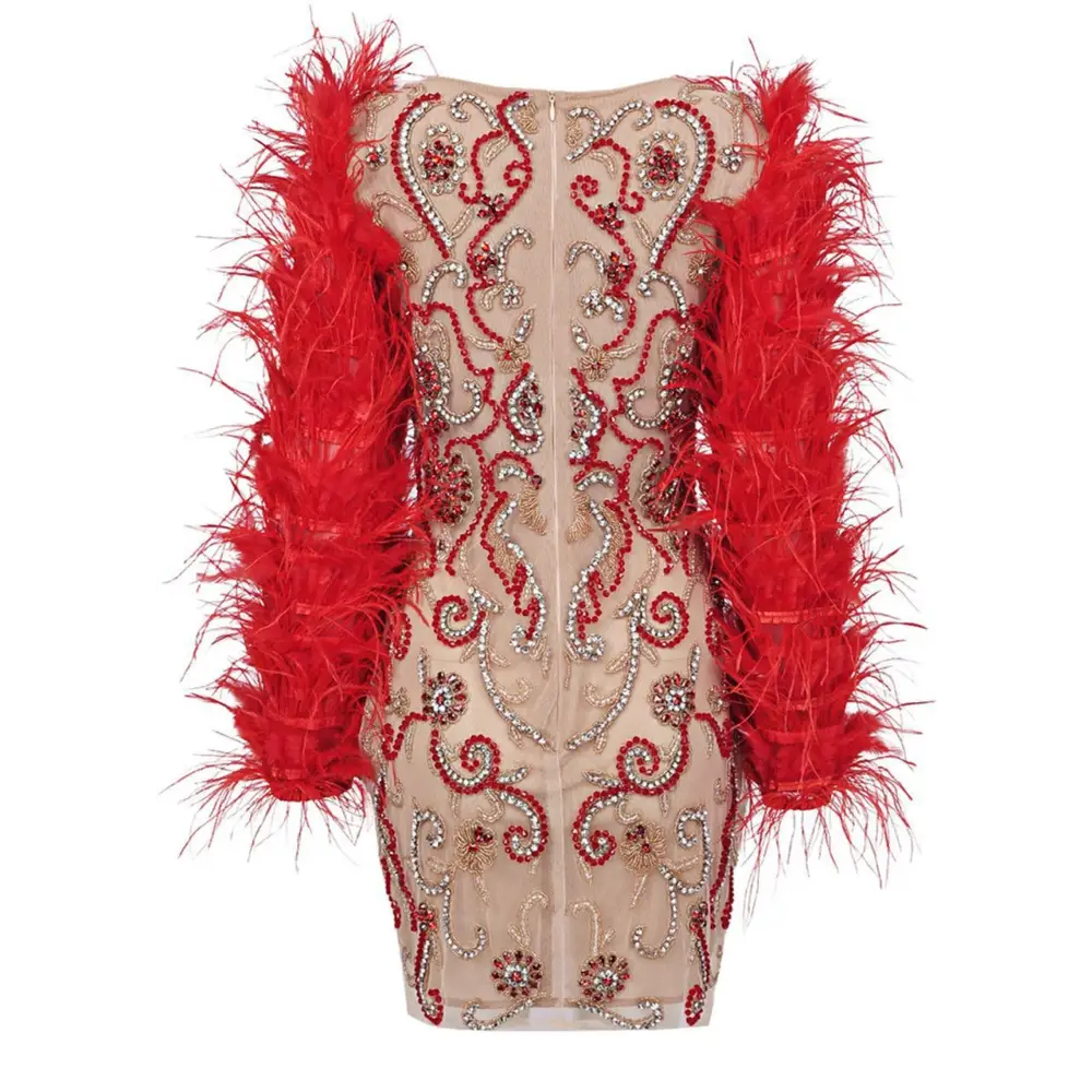 Women Red Feather Long Sleeve Mesh Rhinestone Dress