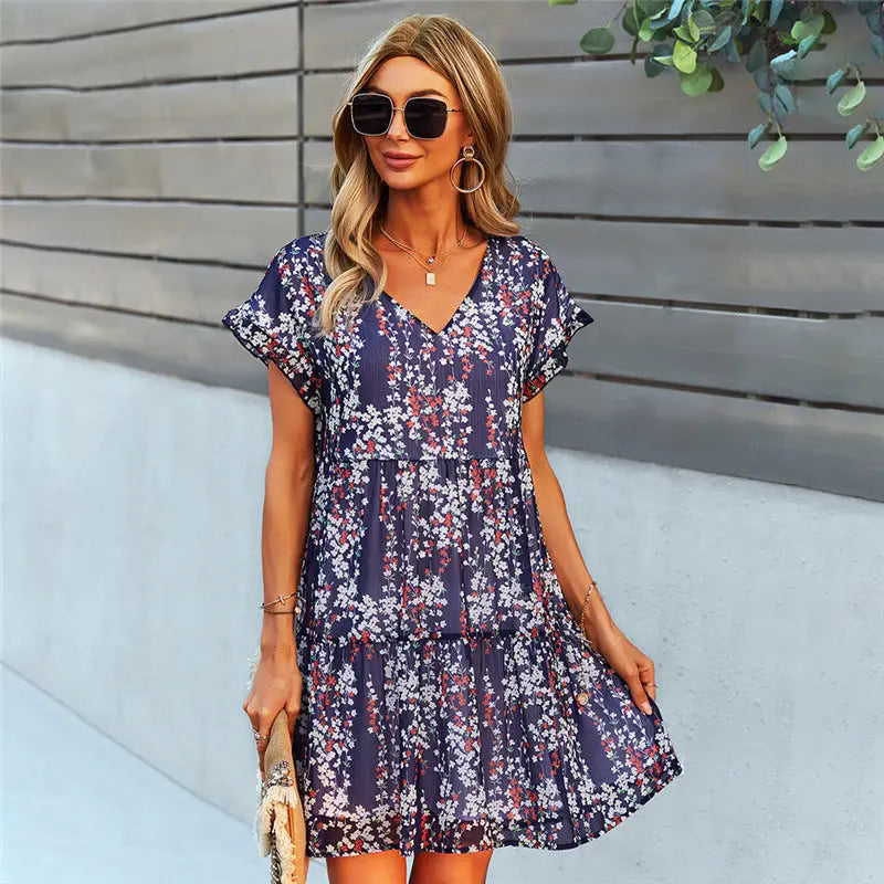 Women Ruffle Loose Short Dress Summer Chiffon Dress - Navy / S