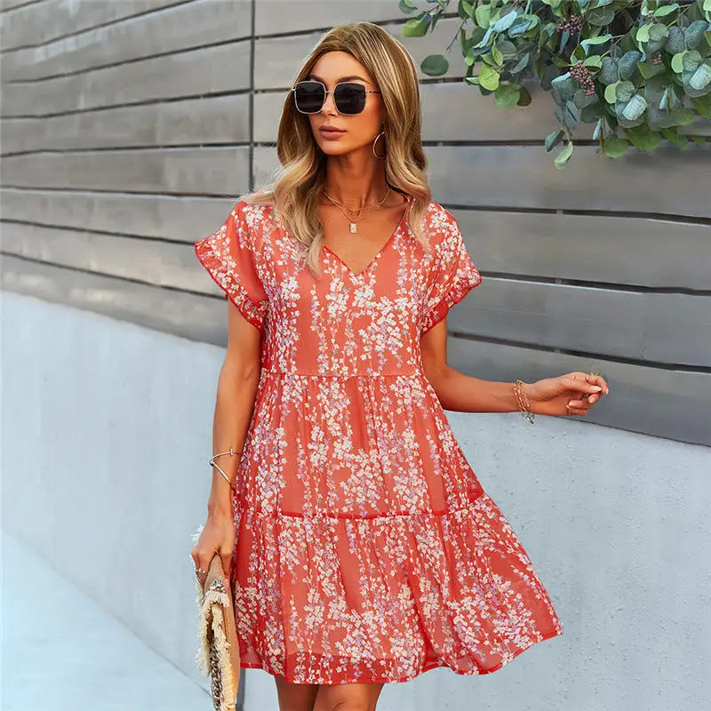 Women Ruffle Loose Short Dress Summer Chiffon Dress - Red / S