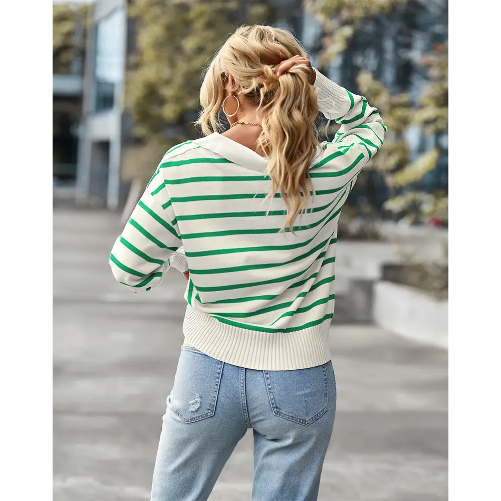 Women Striped Long Sleeve Pullover Sweater Casual Loose Polo V Neck Color Block Lightweight Knitted Fall Shirts Tops Beyond Trends Hub