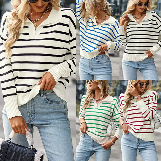 Women Striped Long Sleeve Pullover Sweater Casual Loose Polo V Neck Color Block Lightweight Knitted Fall Shirts Tops Beyond Trends Hub
