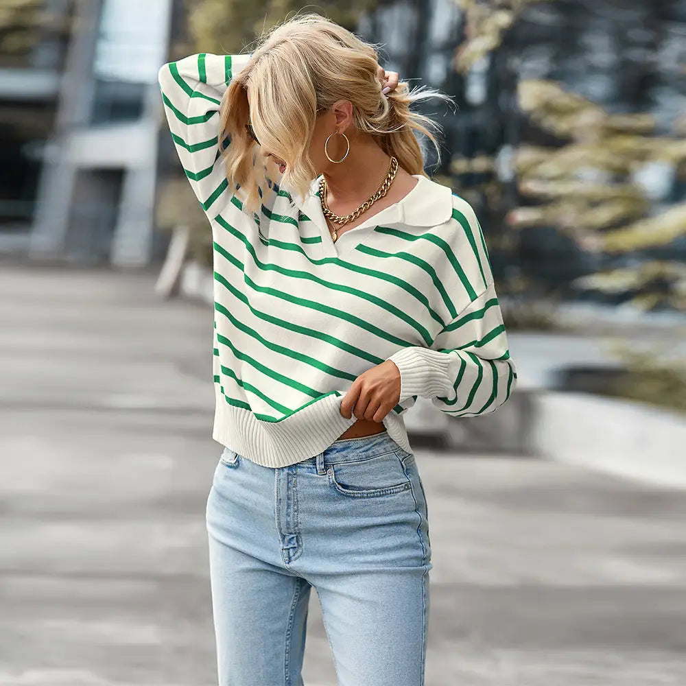 Women Striped Long Sleeve Pullover Sweater Casual Loose Polo V Neck Color Block Lightweight Knitted Fall Shirts Tops Beyond Trends Hub