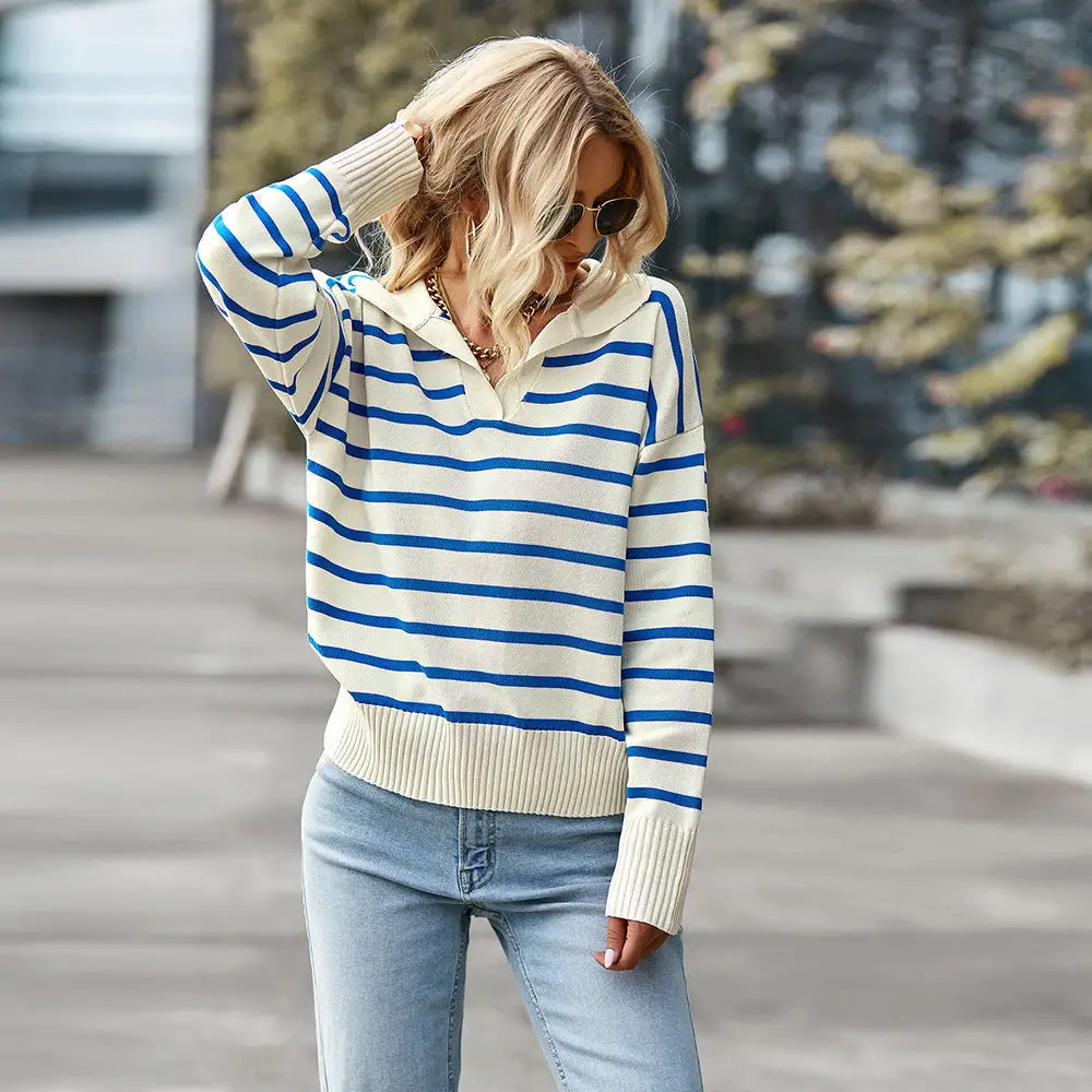 Women Striped Long Sleeve Pullover Sweater Casual Loose Polo V Neck Color Block Lightweight Knitted Fall Shirts Tops Beyond Trends Hub