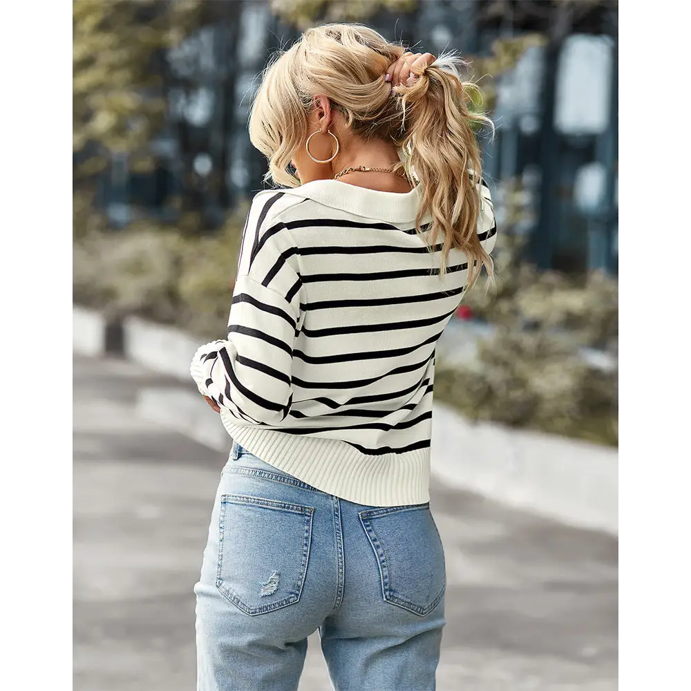 Women Striped Long Sleeve Pullover Sweater Casual Loose Polo V Neck Color Block Lightweight Knitted Fall Shirts Tops Beyond Trends Hub