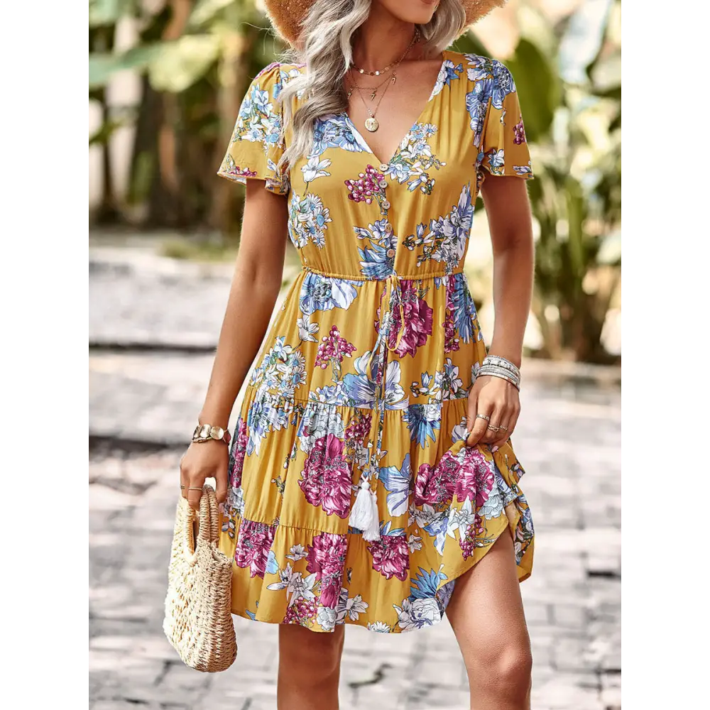Women Summer Casual Printed Maxi Dress Party Evening Dresses - Yellow / S