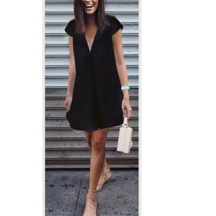 Women Summer Casual T-shirt Dress V Neck Party Dresses