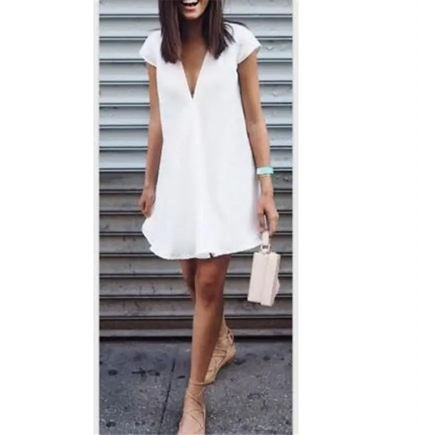 Women Summer Casual T-shirt Dress V Neck Party Dresses