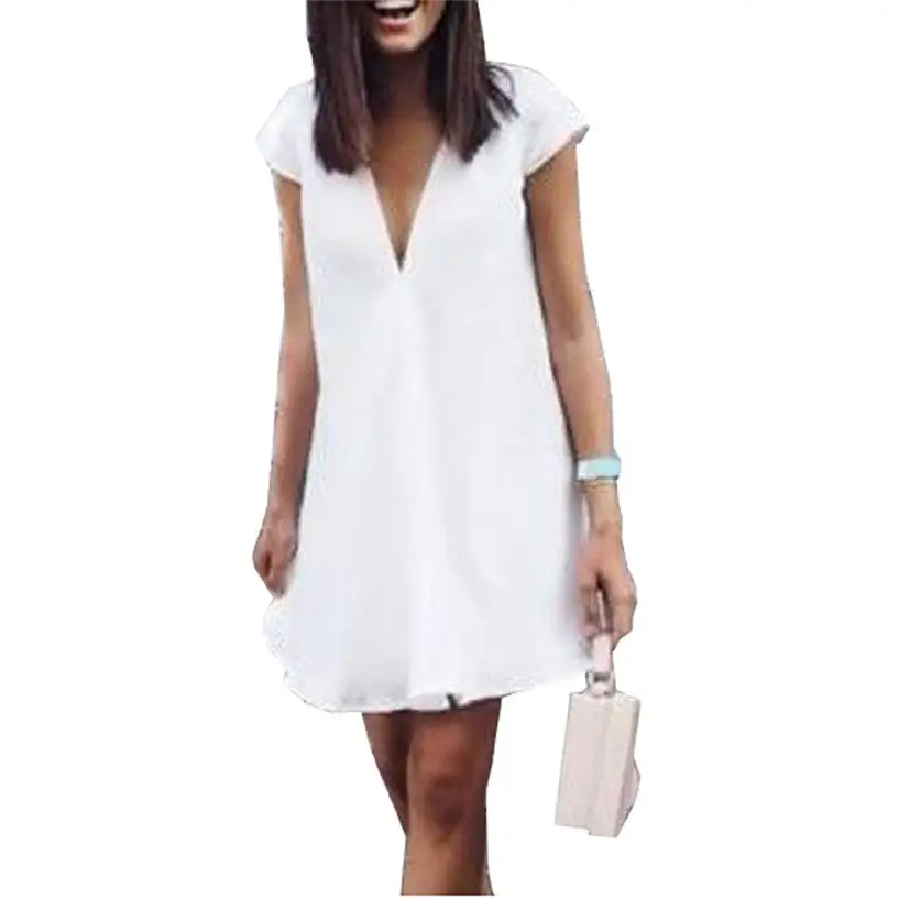 Women Summer Casual T-shirt Dress V Neck Party Dresses - White / S