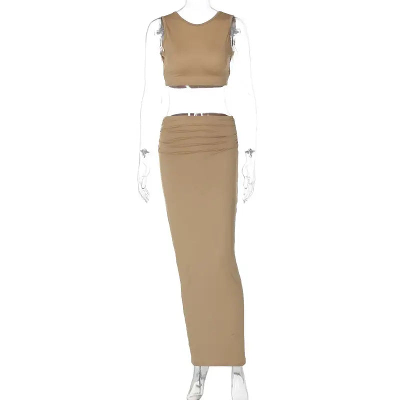 Women Tank Tops Long Skirts Party Dresses Two Piece Matching Sets Outfit 2025 Summer Clothes Slim Solid Color - Khaki