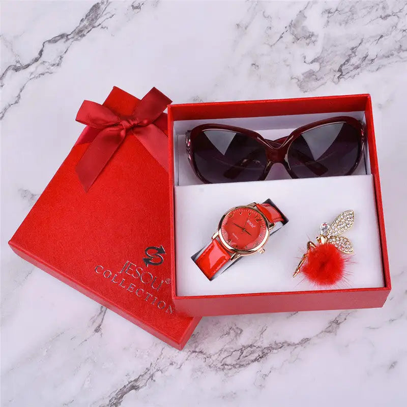 Women Watches Leather Quartz Wristwatch Sunglasses Corsage 3 Pcs Girl Christmas Gift New Year Gift Ladies Gift Box - Beyond Trends Hub 