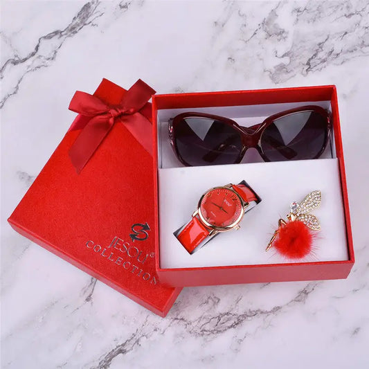 Women Watches Leather Quartz Wristwatch Sunglasses Corsage 3 Pcs Girl Christmas Gift New Year Gift Ladies Gift Box - Beyond Trends Hub 