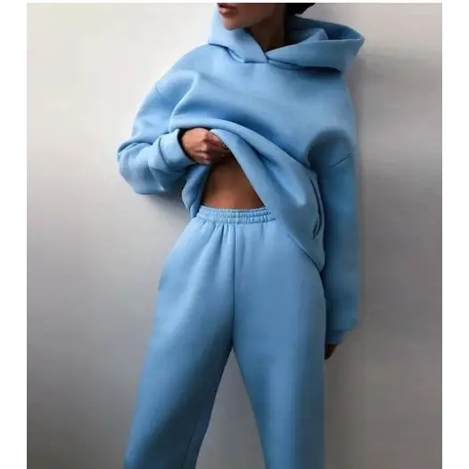 Women’s Casual Hooded Sweater Two-piece Suit Clothes Hoodie Tracksuit - Blue / XL