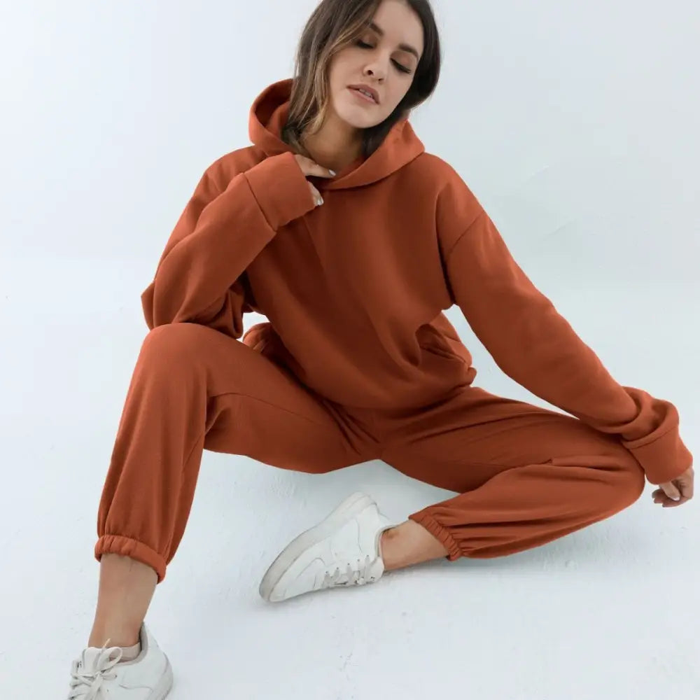 Women’s Casual Hooded Sweater Two-piece Suit Clothes Hoodie Tracksuit - Rust / XXL