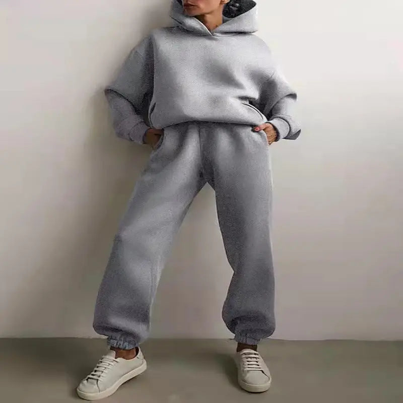 Women’s Casual Hooded Sweater Two-piece Suit Clothes Hoodie Tracksuit - Light grey / S