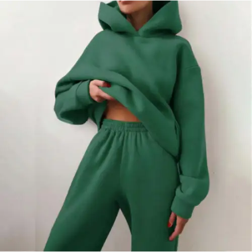 Women’s Casual Hooded Sweater Two-piece Suit Clothes Hoodie Tracksuit - Dark Green / S
