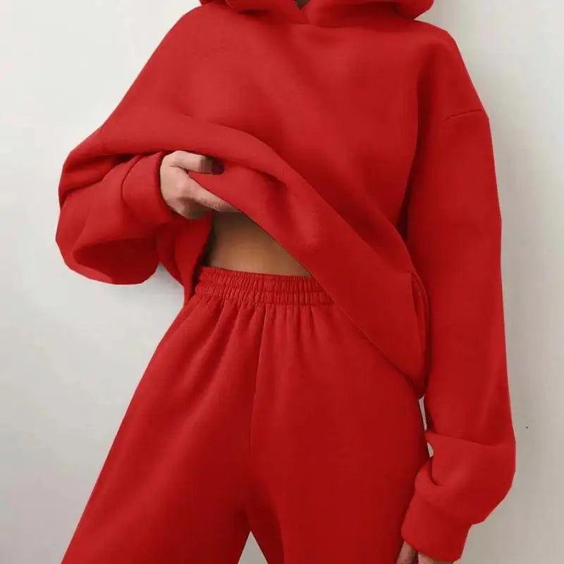 Women’s Casual Hooded Sweater Two-piece Suit Clothes Hoodie Tracksuit - Red / S