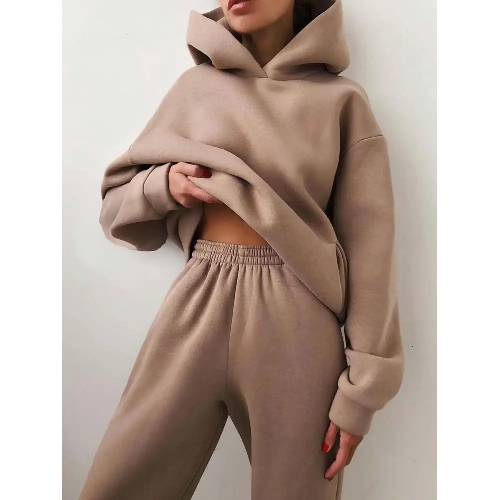 Women’s Casual Hooded Sweater Two-piece Suit Clothes Hoodie Tracksuit - Khaki / L